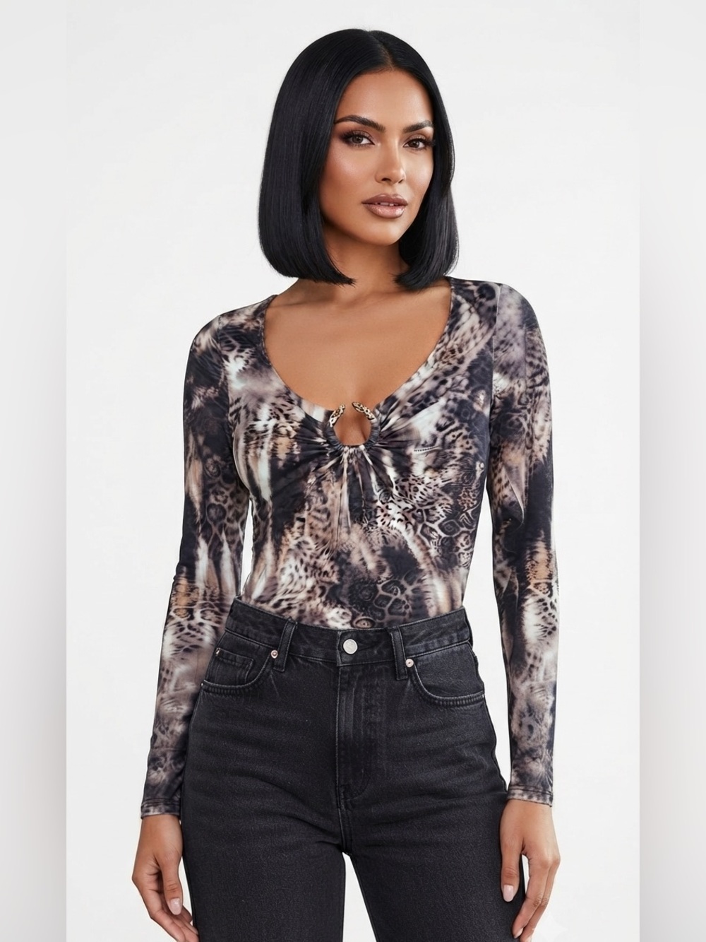 Lizette Collection Leopard Print Long Sleeve Bodysuit ,Panther Ring Hardware NWT